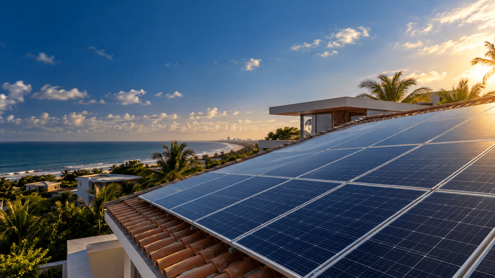 Painéis solares em telhado residencial; imagem ilustrativa