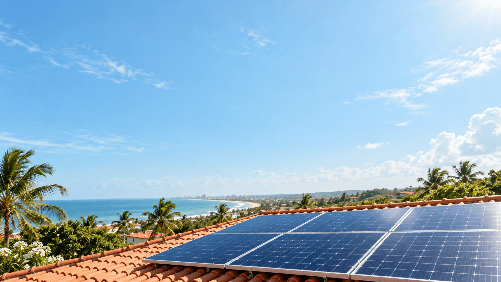 Céu claro sobre telhado com painéis solares; imagem ilustrativa